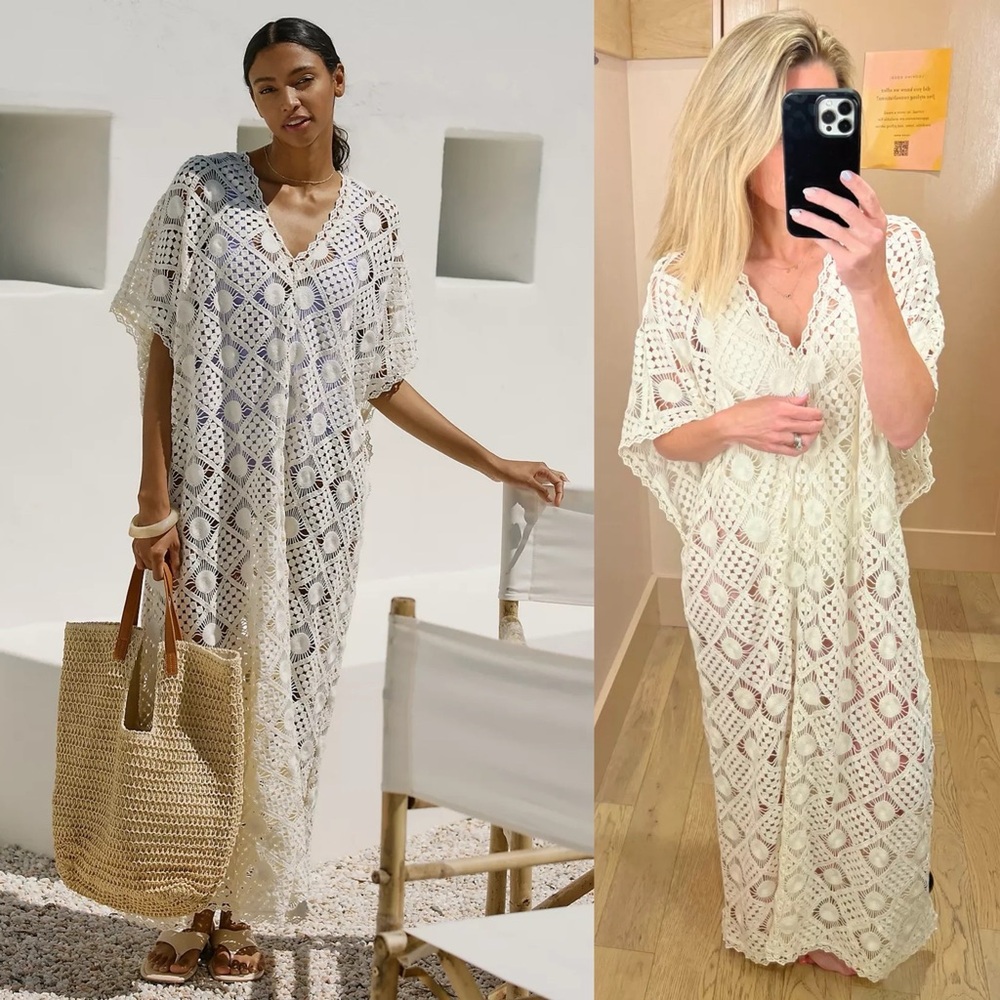 Anthropologie Cream Crochet Swim Coverup Kaftan